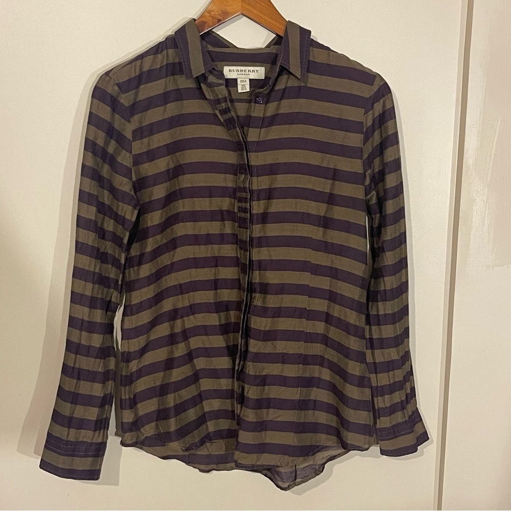 Burberry Silk Blend Striped Button Up Collared Blouse Size 6